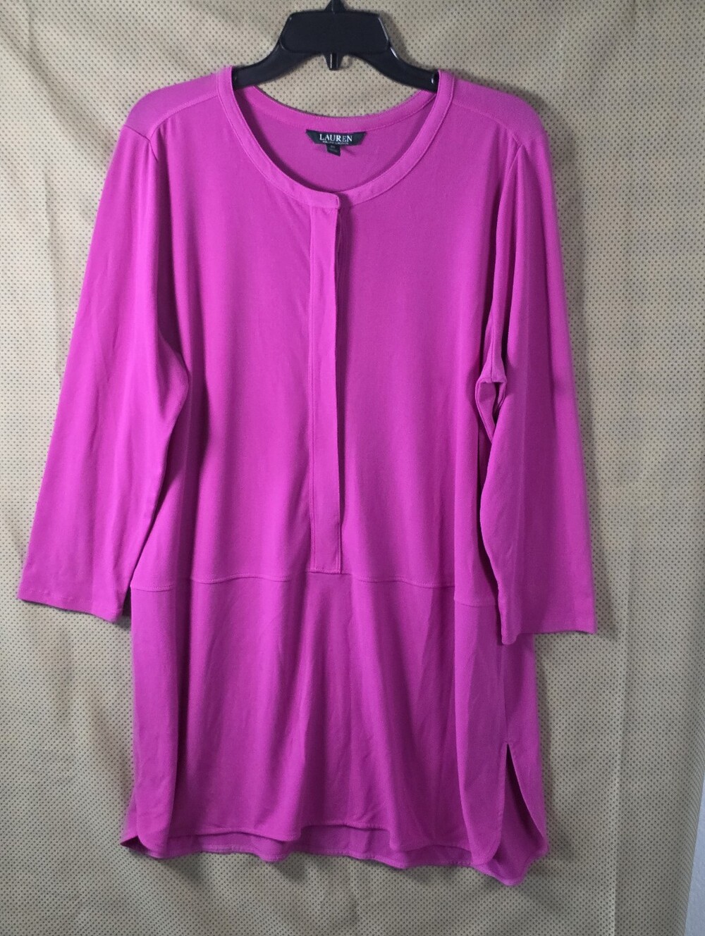 Lauren Ralph Lauren 2X Pink Tunic Top 3/4 Sleeve Stretch Split Hem Plus Size